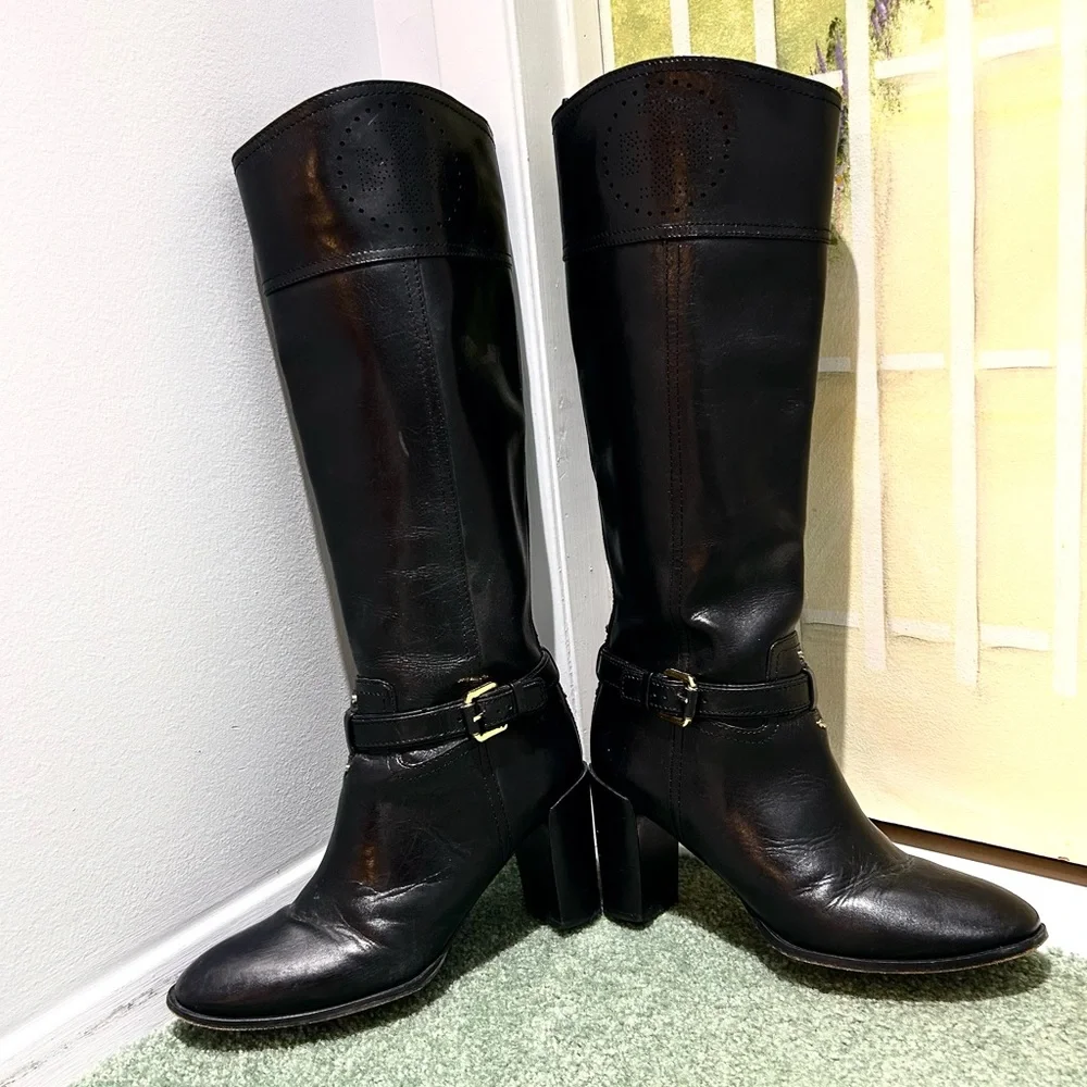 Tory Burch Daniella Leather High Black Riding Boots. 3.75” Heel. Size 10.5